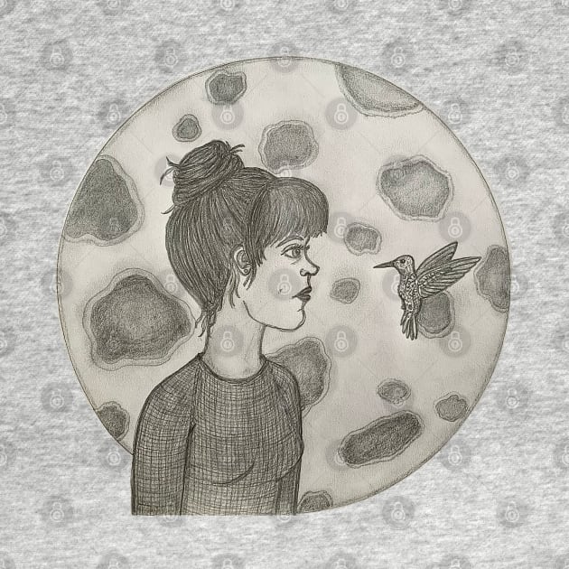 Woman and Hummingbird with Moon, “Everything’s Connected” by LuvbuzzArt